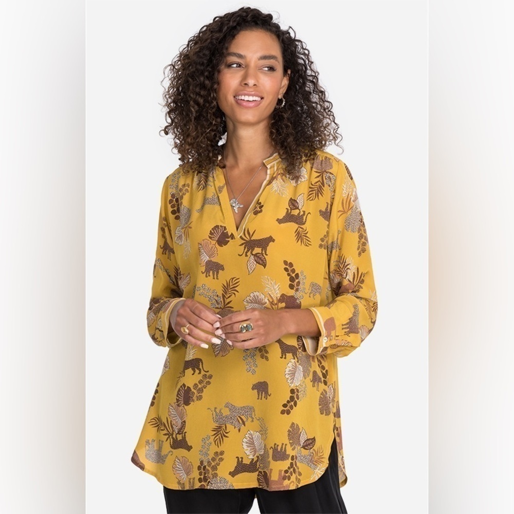 Johnny Was 100% Silk Taly Safari Printed Tunic Blouse Top High Low Hem SZ Small